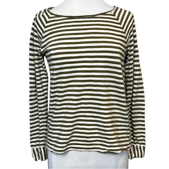 J.CREW Factory Long Raglan Sleeve Casual Cotton Slub Knit Striped T Olive Green - Picture 1 of 6